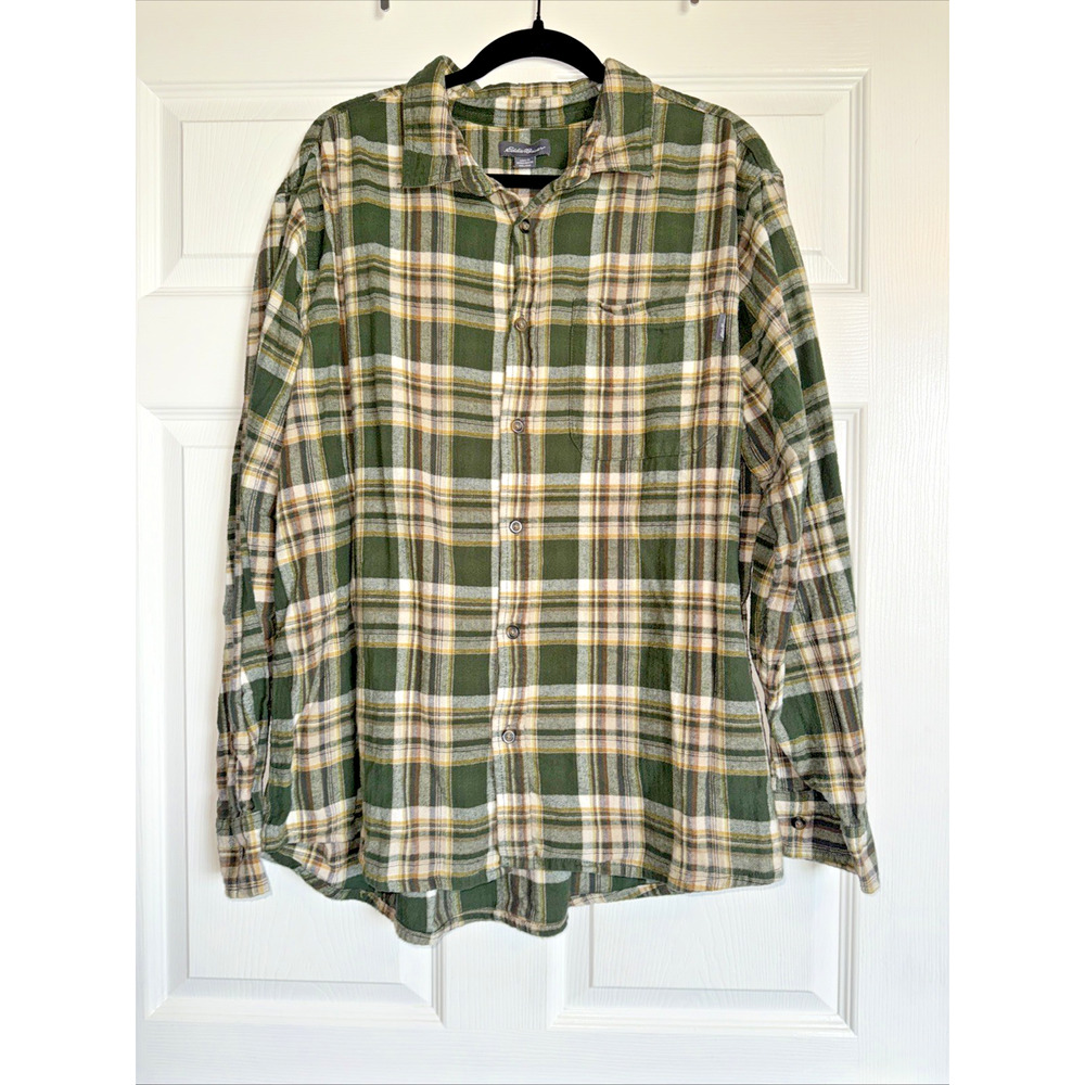 Eddie Bauer Sz XXL Men's Green Plaid Flannel Shirt Long‎ Sleeve Button Up